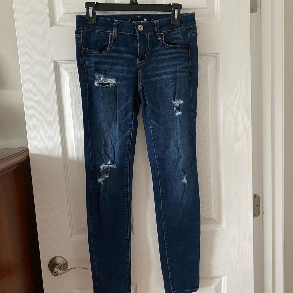 American Eagle Outfitters Blue Skinny Jeans with Distressed Details